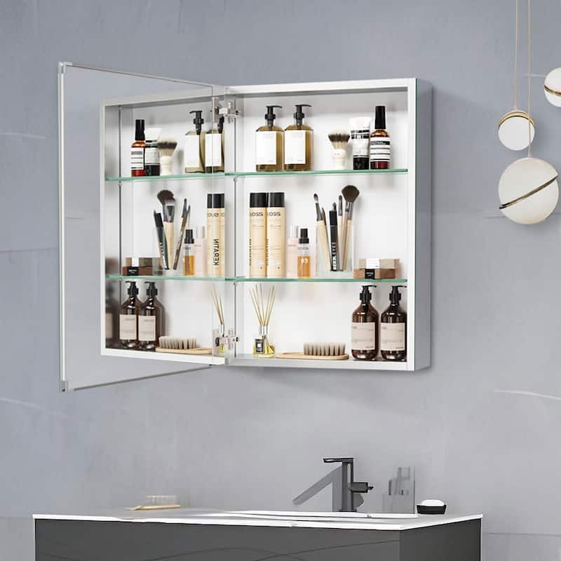 Bathroom Medicine Cabinet with Invisible Handle, Soft-Closing Hinge, Adjustable Glass Shelves - 20x26 inch - Silver + Aluminium
