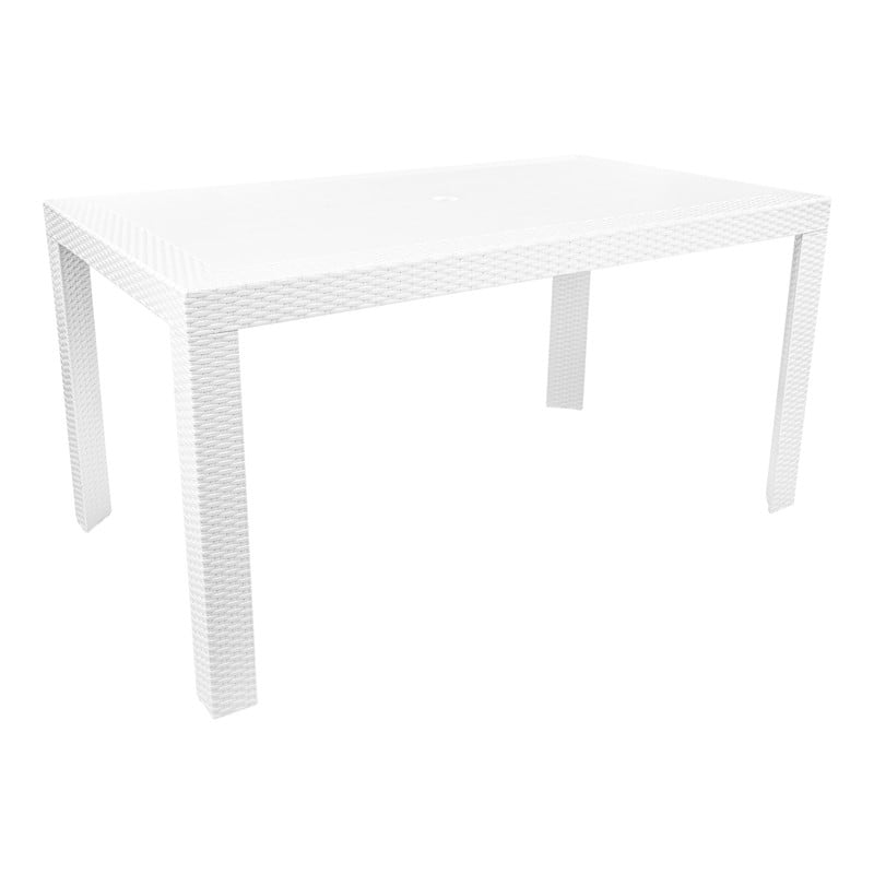 Mace All Weather Outdoor Patio Rectangular Dining Table with Umbrella Hole and Weave Design - White