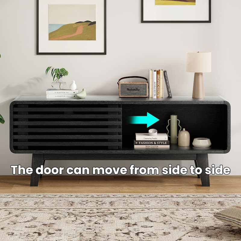 TV Stand for TV Up to 59 Inch, Entertainment Center with Storage Cabinet and Sliding Door, Mid-Modern Century Console Table