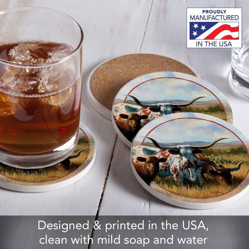Longhorns 4 Pack Absorbent Stone Coasters with Protective Cork Backing Made in The USA Artistic Absorbent Easily Wipes Clean