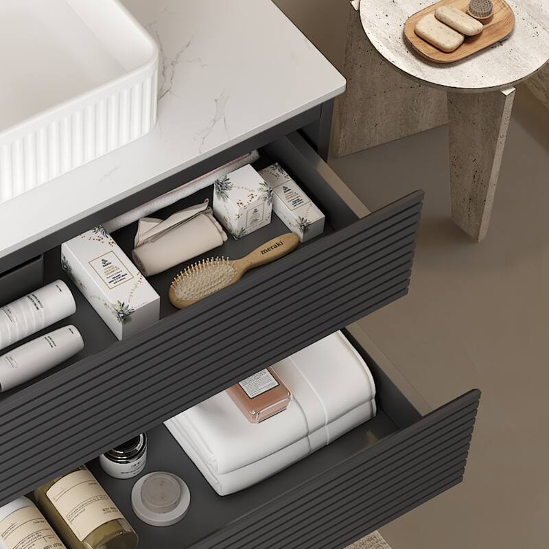 GDFStudio - Vedo Modern Floating Bathroom Vanity with Striped Drawer Fronts & White Ceramic Vessel Sink, WITHOUT Faucet - 30" - Gray