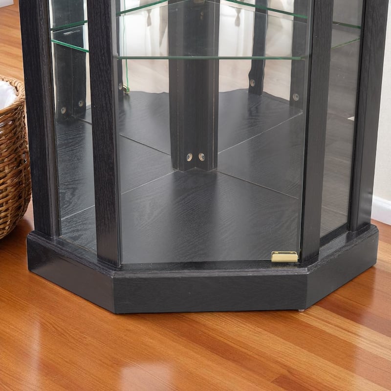 Lighted Corner Curio Cabinet with Glass Doors, Adjustable Shelves & Mirrored Back, Elegant Display Case for Wine