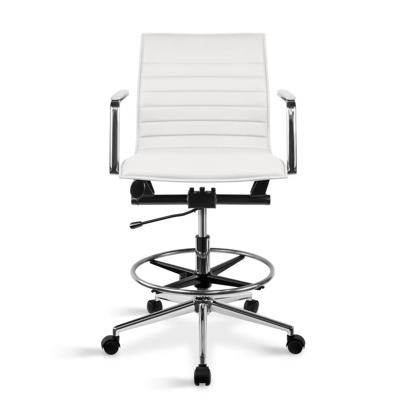 Set of 2 Modern Drafting Chair Upholstered PU Leather Ribbed Mid Back with Tall Adjustable Rest Computer Armchair