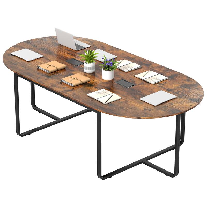95 Inch Oval Conference Table with Dual Cable Holes and Metal Legs