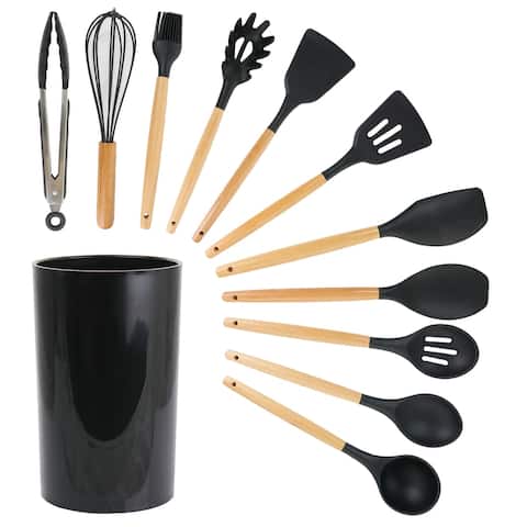 MegaChef 12 Piece Black Silicone and Wood Kitchen Utensil Set