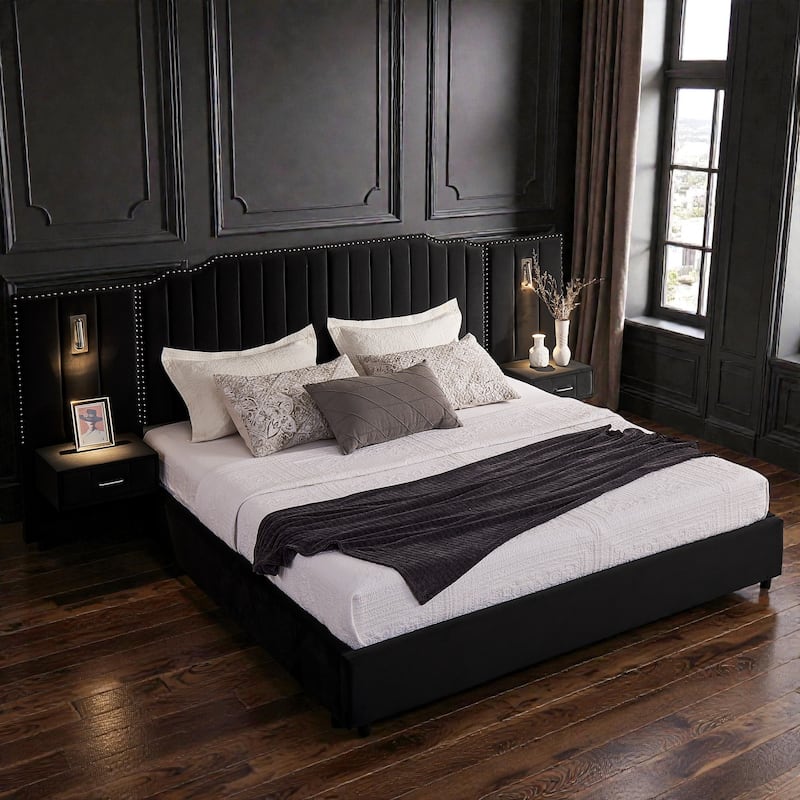 Modern Upholstered Bed Frame with Velvet Headboard, Vertical Channel Button Design, Integrated Nightstand, Platform Support - Black - King
