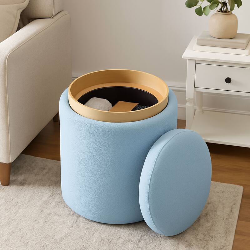 Boucle Tufted Round Storage Ottoman with Removable Tray Foot Stool
