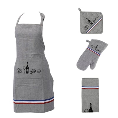 4 Piece French Gourmet Kitchen Set Gray Apron Oven Mitt Towel and Pot Holder - Set of 4