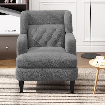 Dark Gray Teddy Fabric Upholstered Accent Chair, Wingback Chairs, Tufted Backrest Armchair Reading Chair for Living Room Bedroom