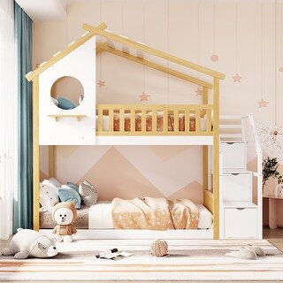Twin Over Twin Bunk Bed with Staircase Storage Drawers, Playhouse Design Featuring Round Window