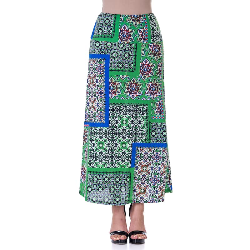 24seven Comfort Apparel Green Scarf Print Elastic Waist Ankle Length Comfortable Maxi Skirt