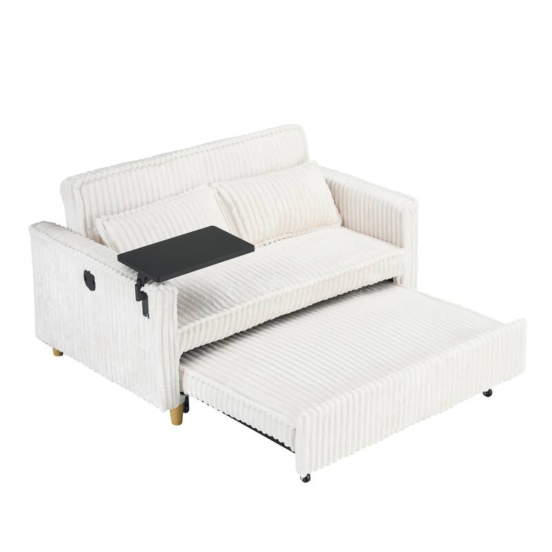 Beige Corduroy Pull-out and Push-in Sofa with Movable Tabletop and USB Ports