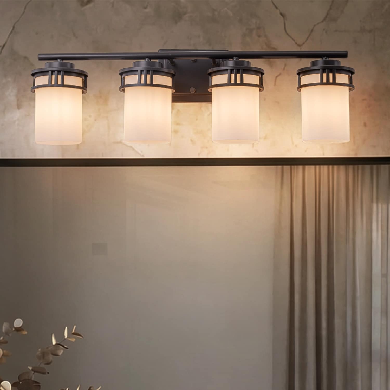26-in Mid-century modern 4-Light Bathroom Vanity Light Bath Bar Dark Brown Wall Sconce with Frosted Glass Shades for Mirror
