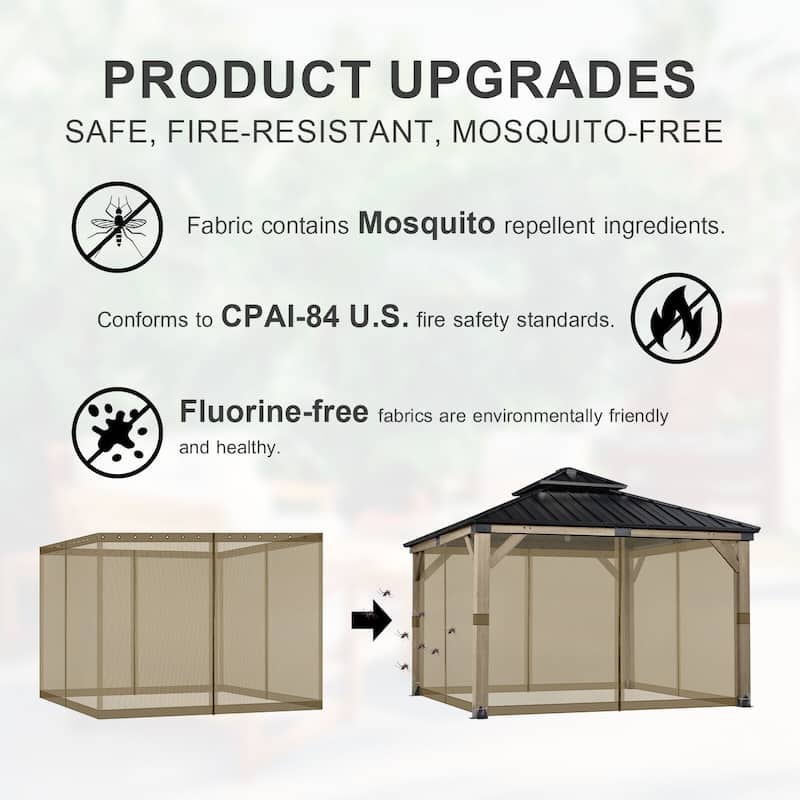 Aoodor 10'x10' Replacement Gazebo Mosquito Netting 4 Panels Sidewalls