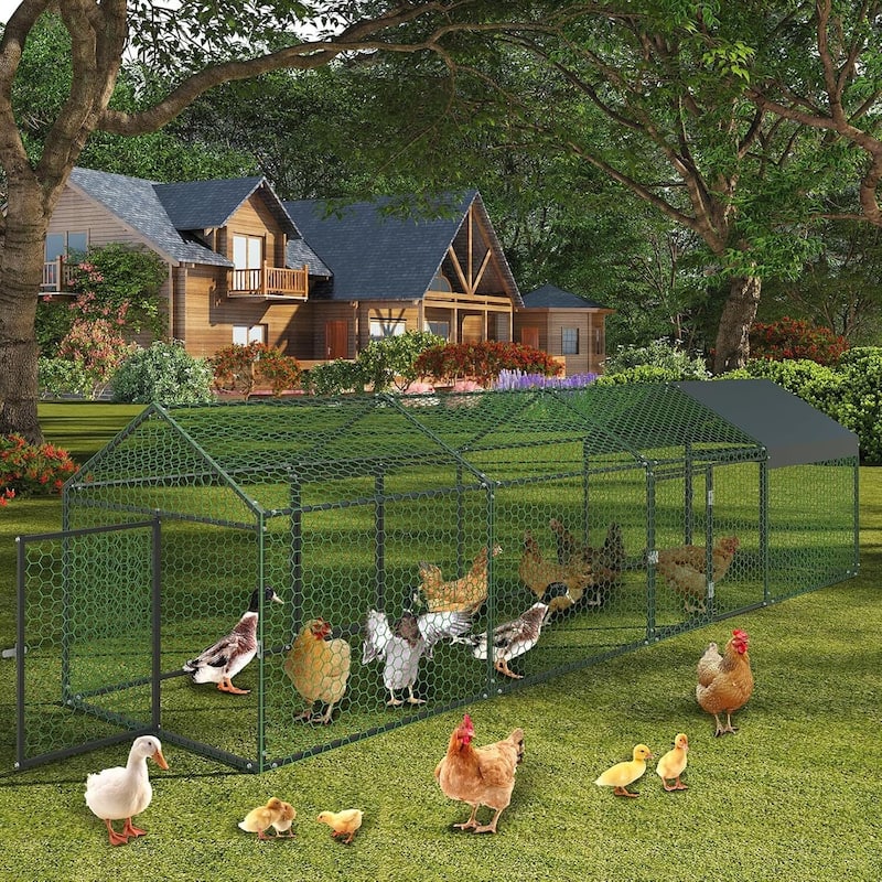 4 Doors Outdoor Large Metal Chicken Coop with Waterproof Anti-UV Cover for Rabbit Duck - Black