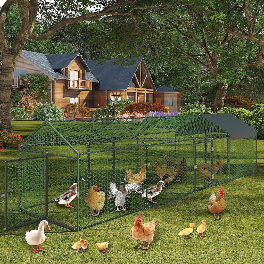 4 Doors Outdoor Large Metal Chicken Coop with Waterproof Anti-UV Cover for Rabbit Duck