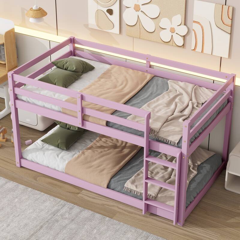 Wooden Twin over Twin Floor Bunk Bed with Ladder ,Upper and Bottom Bed Platforms