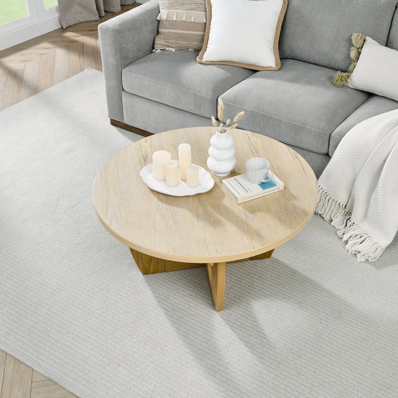 Mid-Century Modern Coffee Table Round Coffee Table with Ash Wood Grain Finish and Curved Legs, for Living Room