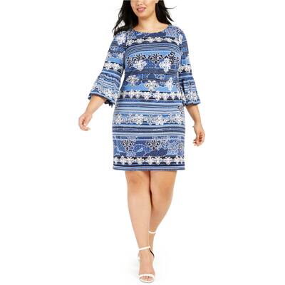 Jessica Howard Womens Bell-Sleeve Overall Sheath Dress, Blue, 20W