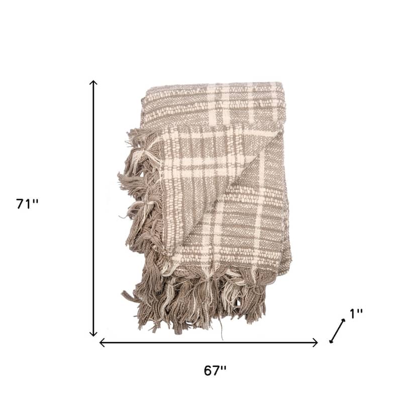 HomeRoots 67" X 71" Gray and Ivory Cotton Woven Geometric Throw Blanket with Fringe