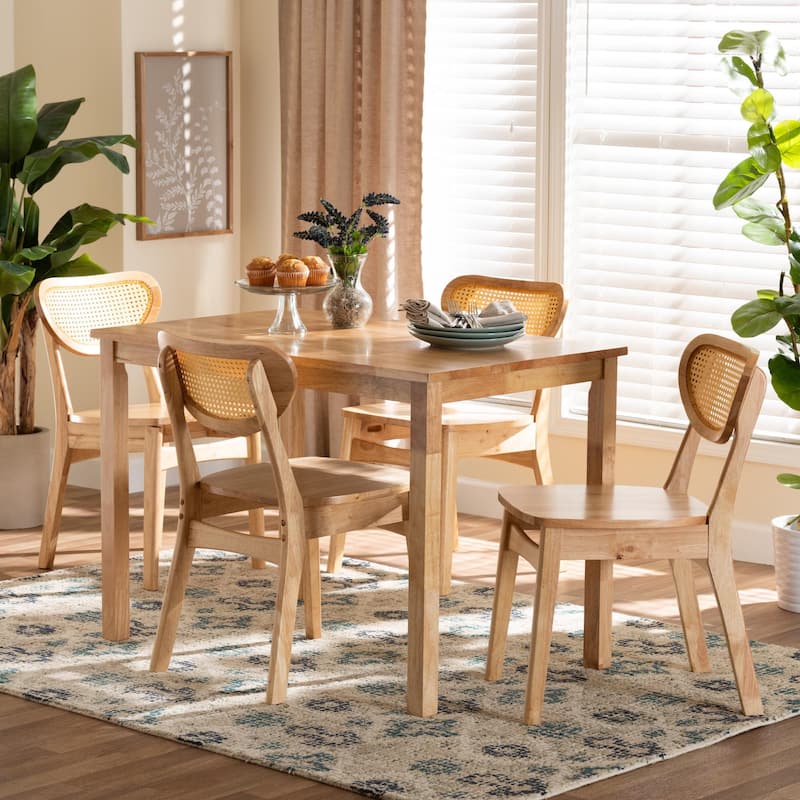Haviland Mid-Century Oak Brown Finished Wood and Rattan 5-Piece Dining Set