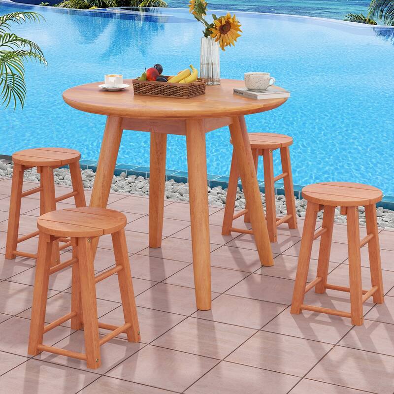 Gymax Outdoor Wood Bar Stools Set of 2 w/Round Seat Footrest Patio