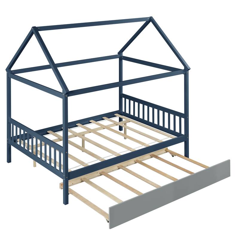 Full Size Wood House Bed with Trundle, Roof and Fence for Kids, Boys and Girls