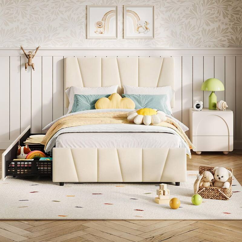 Twin Bed Frame with Headboard Adjustable and 2 Storage Drawers, No Box Spring Needed