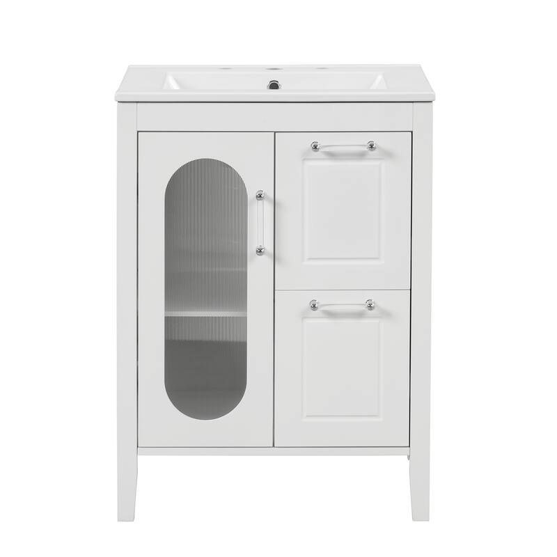 24" Black Bathroom Vanity with Sink - Solid Wood & MDF, Moru Glass Door, 2 Drawers, Adjustable Shelf