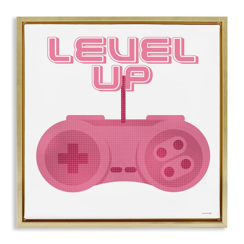 Stupell Girl Gamer Pink Level Up Framed Floater Canvas Wall Art Design By Yass Naffas Designs - 18 x 18 - Gold