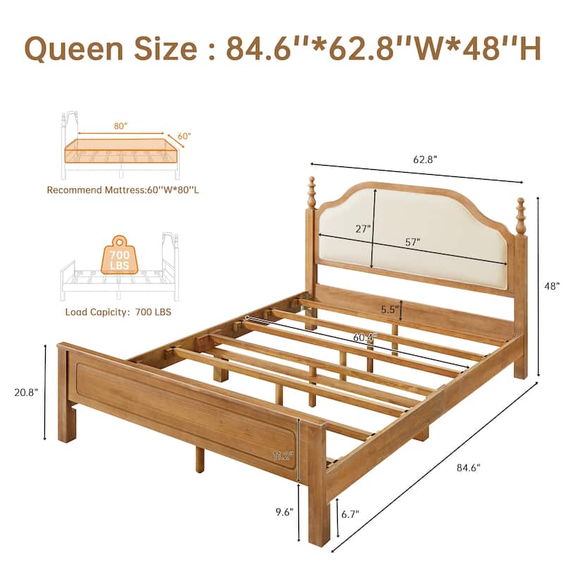 Classic Turned Post Wood Bed Frame with Upholstered Headboard, Sturdy Screw-Free Slats and Noise-Free Support