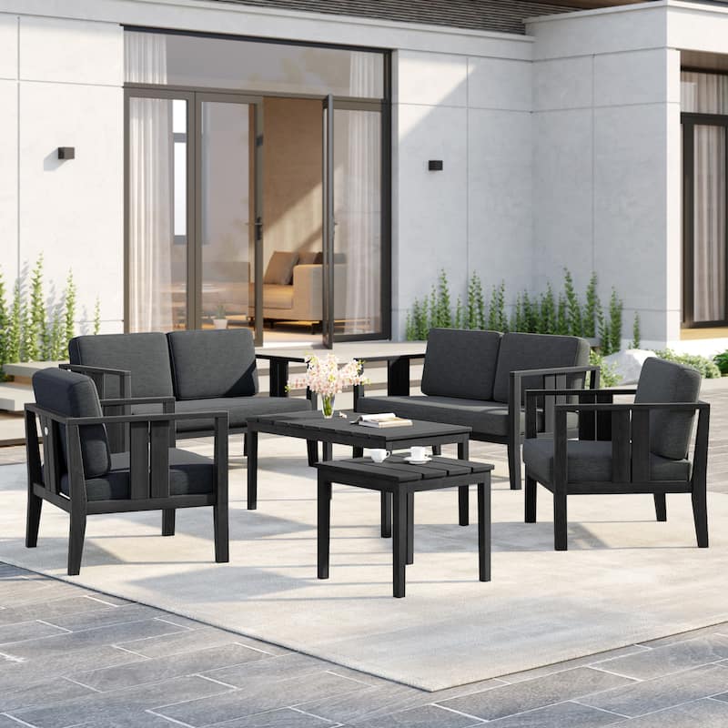 6-Piece Outdoor Furniture Solid Teak Patio Conversation Set with Table - Dark Grey - Blackframe