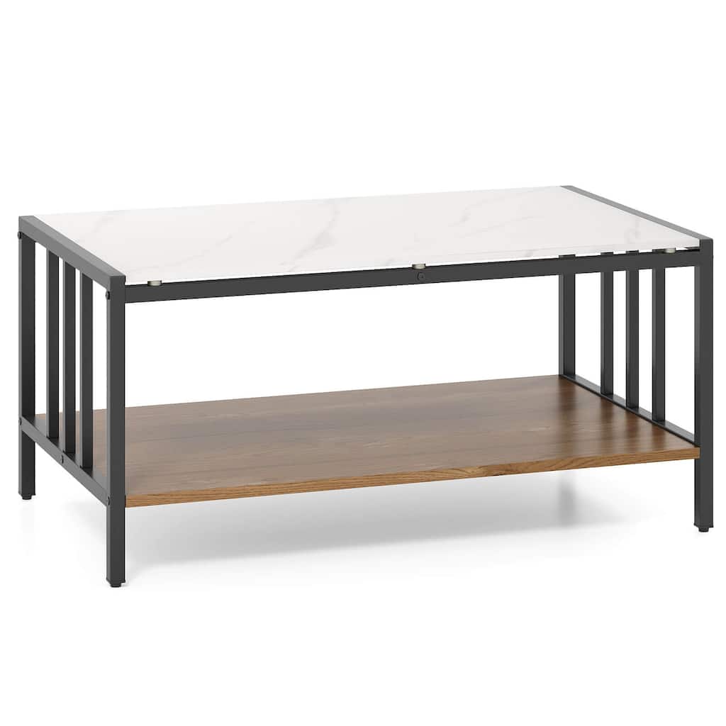 Costway 2-Tier Rectangular Coffee Table with Rock Slab Tabletop Open - See Details