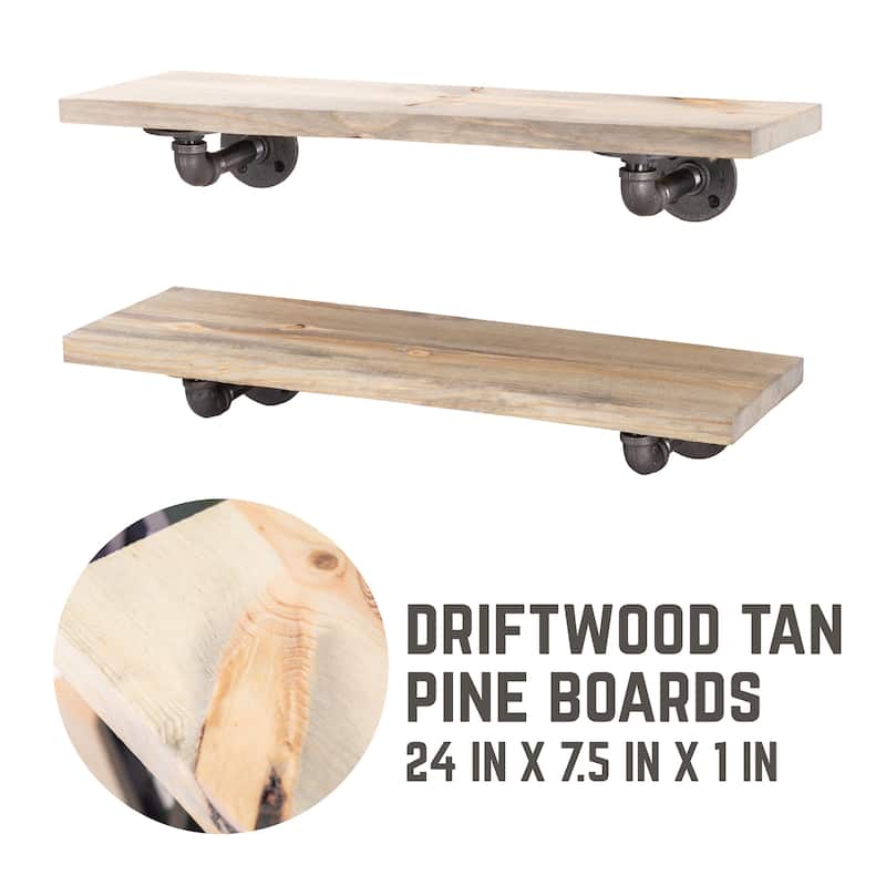 Restore Wood 24 in. Wall Shelf, L-Shape Steel Pipe Brackets, Set of 2