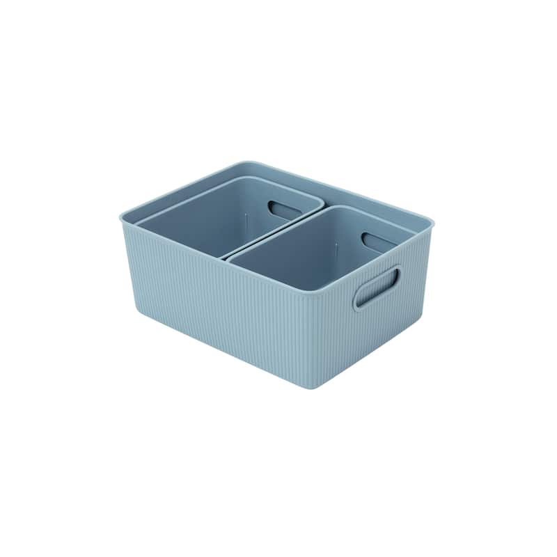 Superio Ribbed Storage Bin (3 Pack) - 11.5"W x 15"D x 6.25"H - Stone Blue