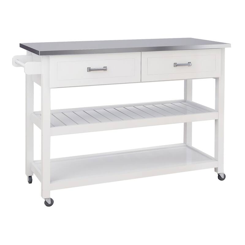 Mobile Dining and Coffee Table, Stainless Steel Tabletop Kitchen Cart with Two Storage Drawers and Storage Shelves