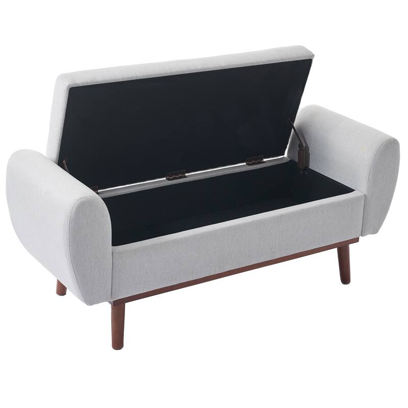 Linen Fabric Storage Ottoman Bench with Hidden Compartment and Rubberwood Legs