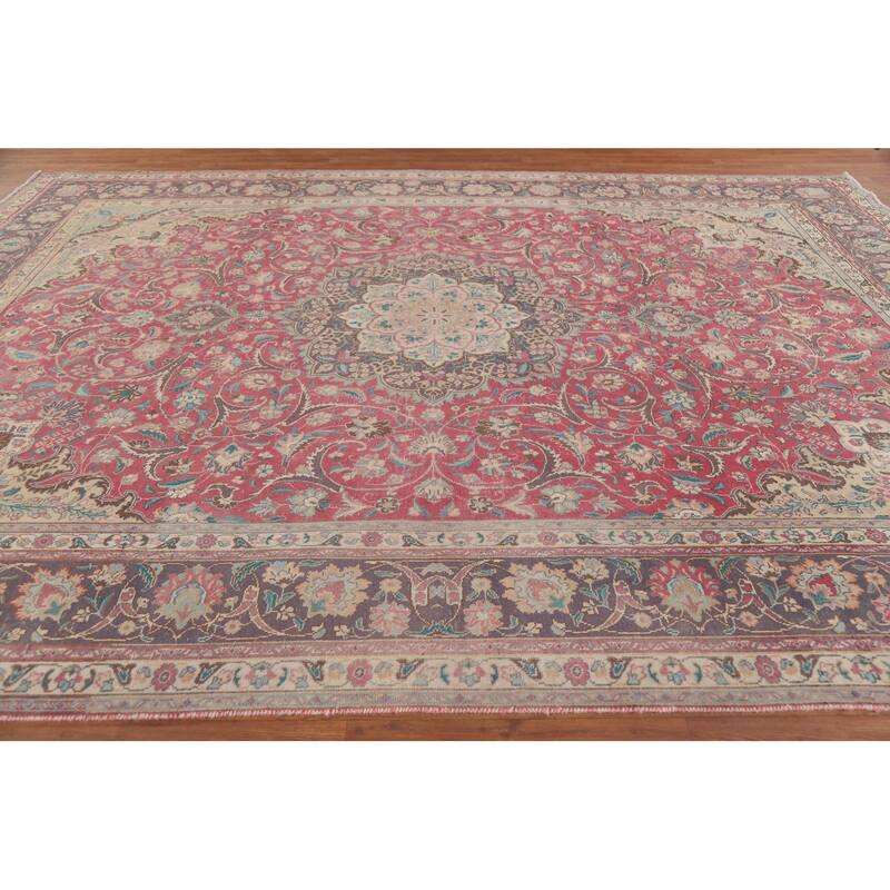 Hand Knotted Oriental 100% Wool Carpet Traditional Floral Pink Tabriz Area Rug - 12' 11'' X 9' 9''