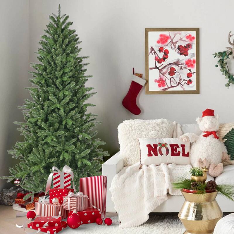 Unlit Artificial Hinged Pine Tree - PE+PVC Mixed Needles, Full Lush Shape, Metal Stand - Green