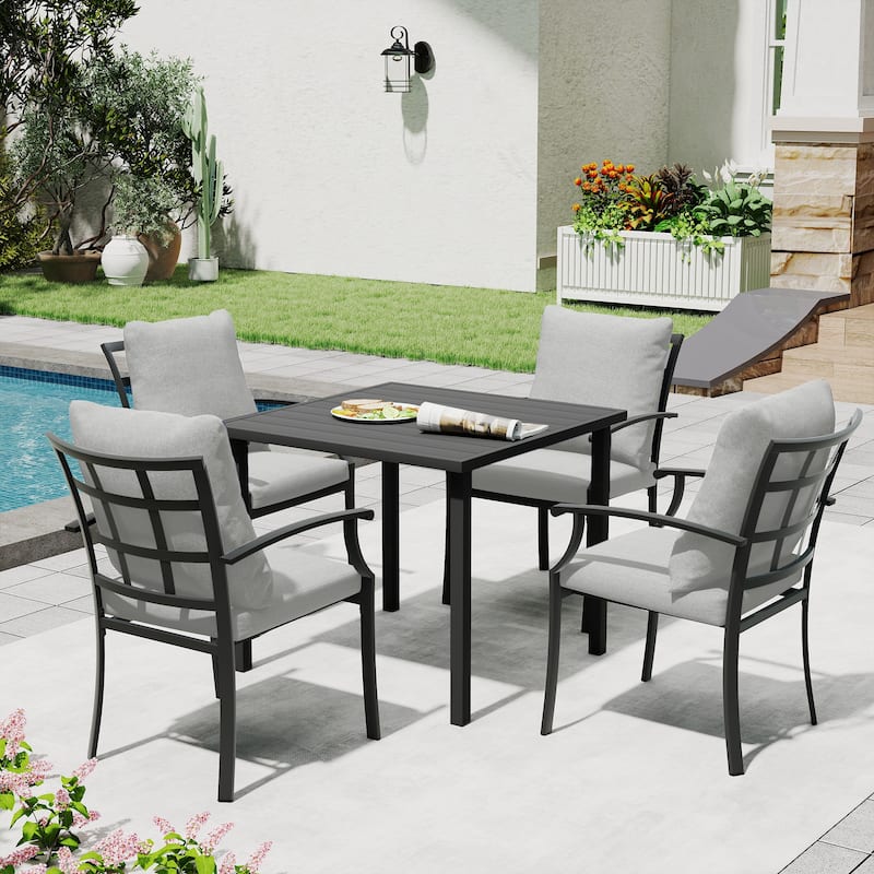 IvyGlow 5-Piece Black Metal Patio Dining Set with Square Table and Gray Cushions