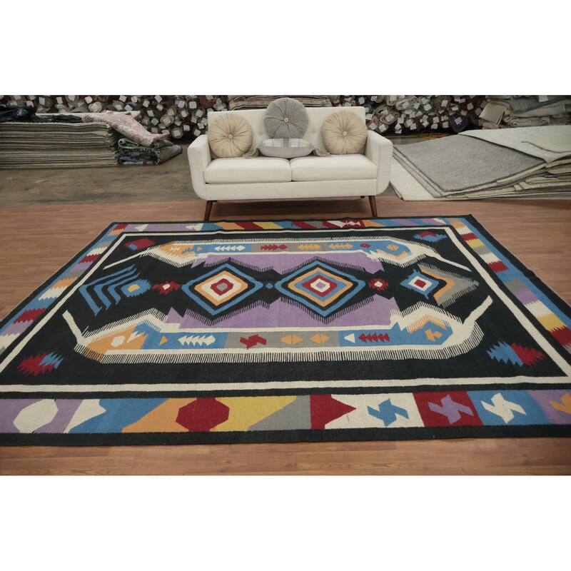 Hand Woven Oriental 100% Wool Carpet Southwestern Tribal Black Kilim Area Rug - 9' 11'' X 8' 6''