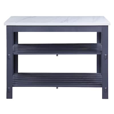 Marble Top Kitchen Island with 2 Open Shelves in White and Gray
