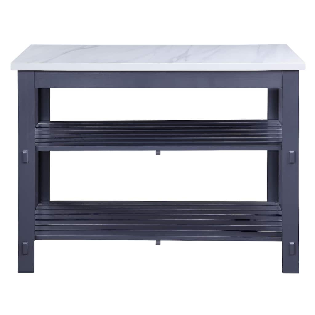 Marble Top Kitchen Island with 2 Open Shelves in White and Gray