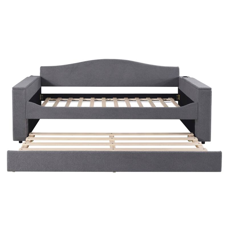 Sofa bed with storage arms, trundle bed and Bluetooth stereo