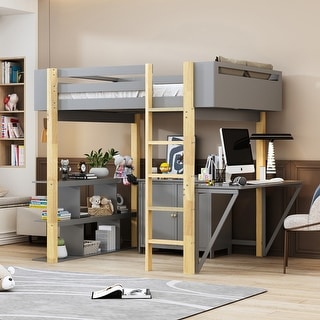 Full Size Stylish Design Wood Loft Bed With Built-in Storage Cabinet and Cubes,Foldable desk,Modern Design,gray