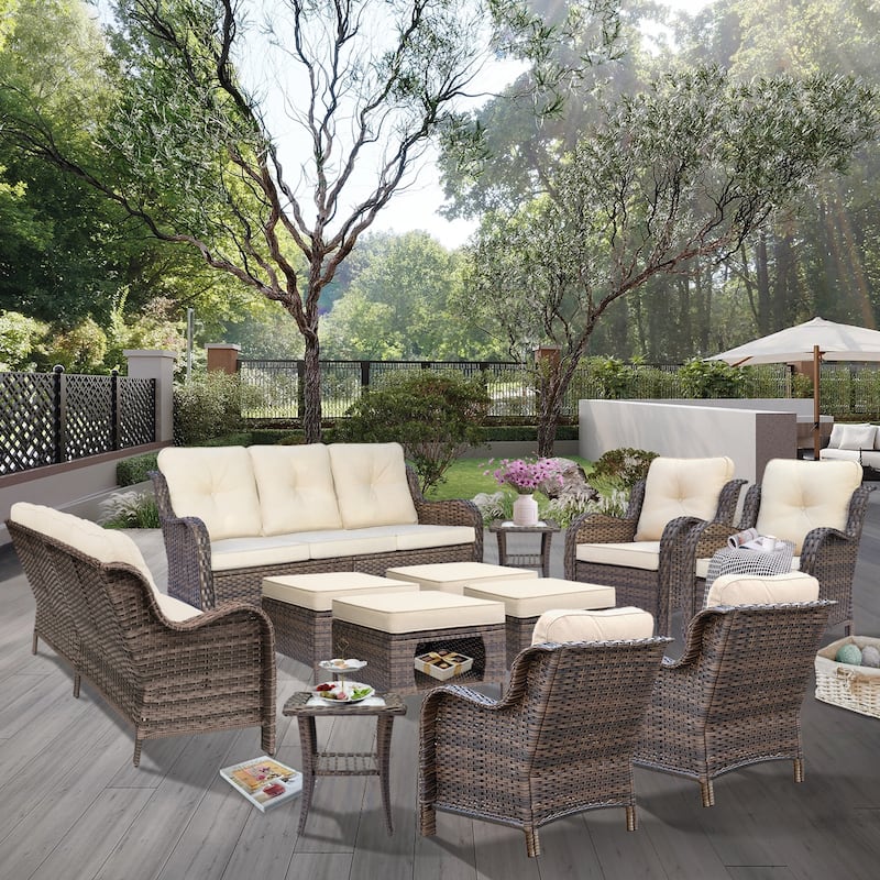Outdoor Brown Wicker Patio Furniture Seating Sets with Beige Cushions - 12 Piece