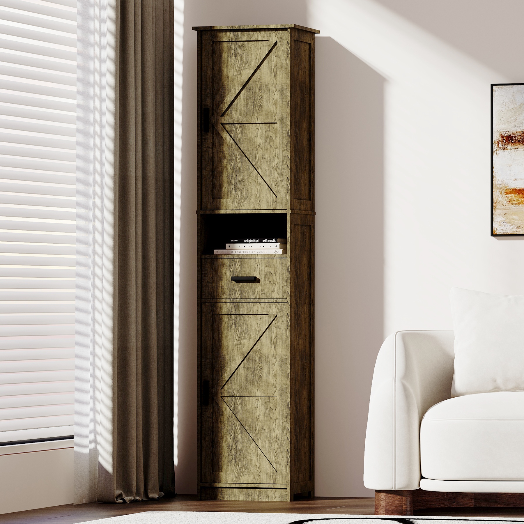 69 H Narrow Storage Unit Cabinet with 1 Drawer and Adjustable Shelves Floor Cabinet for Bathroom Living Room Grey