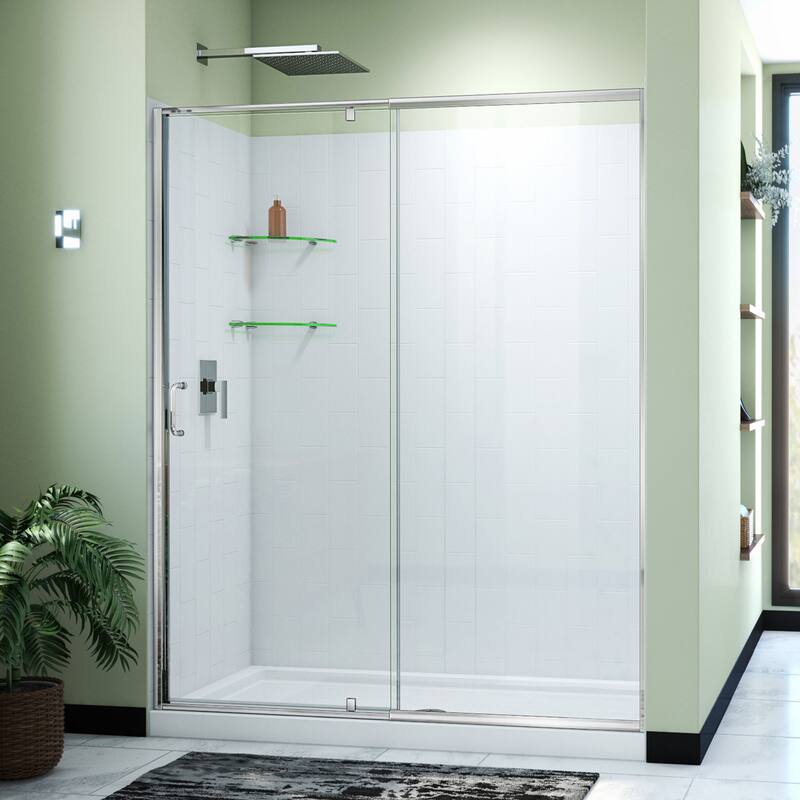 DreamLine Flex 32 in. D x 60 in. W x 78 3/4 in. H Pivot Shower Door, Base, and White Wall Kit in Chrome