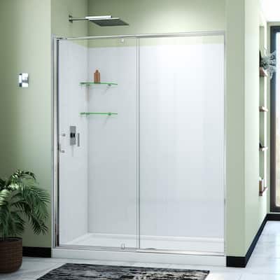 DreamLine Flex 32 in. D x 60 in. W x 78 3/4 in. H Pivot Shower Door, Base, and White Wall Kit in Chrome