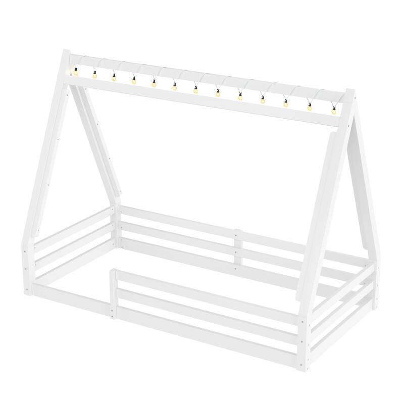 Twin Size House Floor Bed with Tent and Light, Solid Wood Teepee Floor Bed with Full-length Guardrails